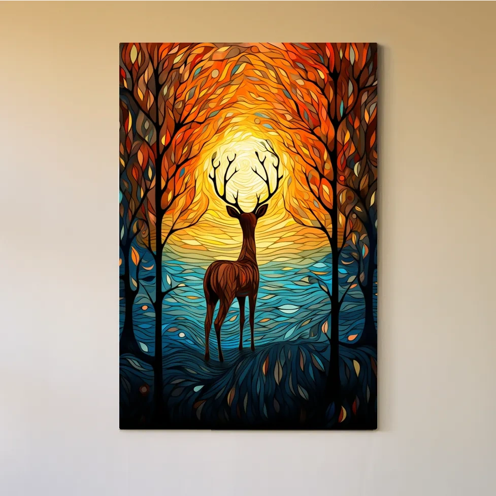 Glowing Autumn Forest Deer Silhouette - Vibrant Stained Glass Style Wall Art