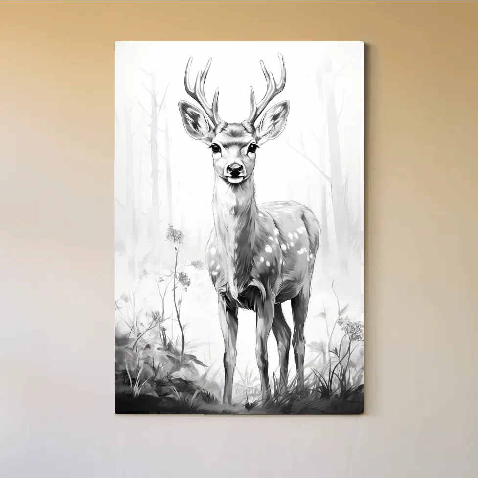 Black and white drawing artwork of a fallow deer