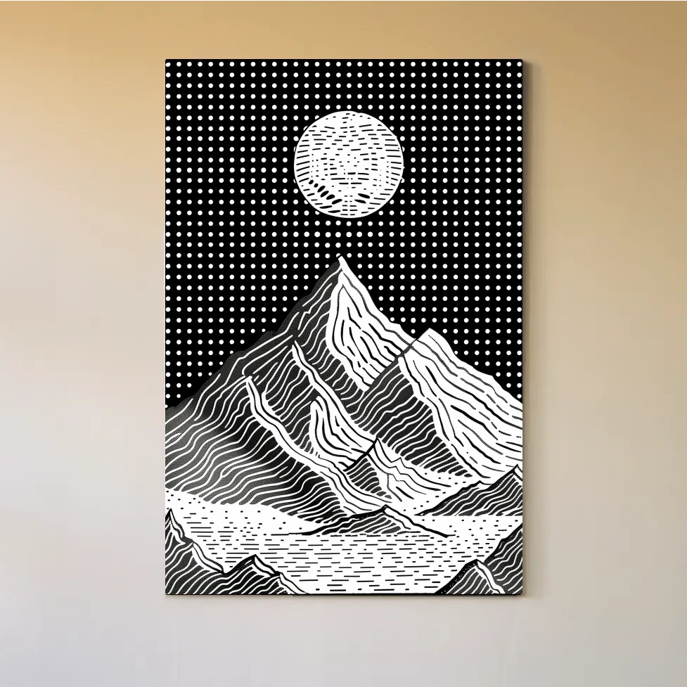 Glacier under the night sky, optical illusion linocut style mountain art