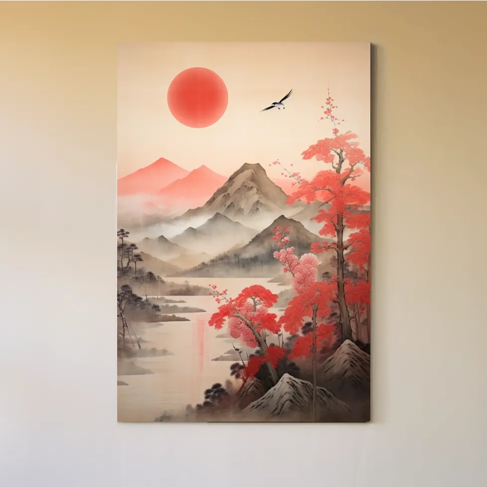 Oriental cherry blossom artwork, mountains in the mist watercolor wall art painting