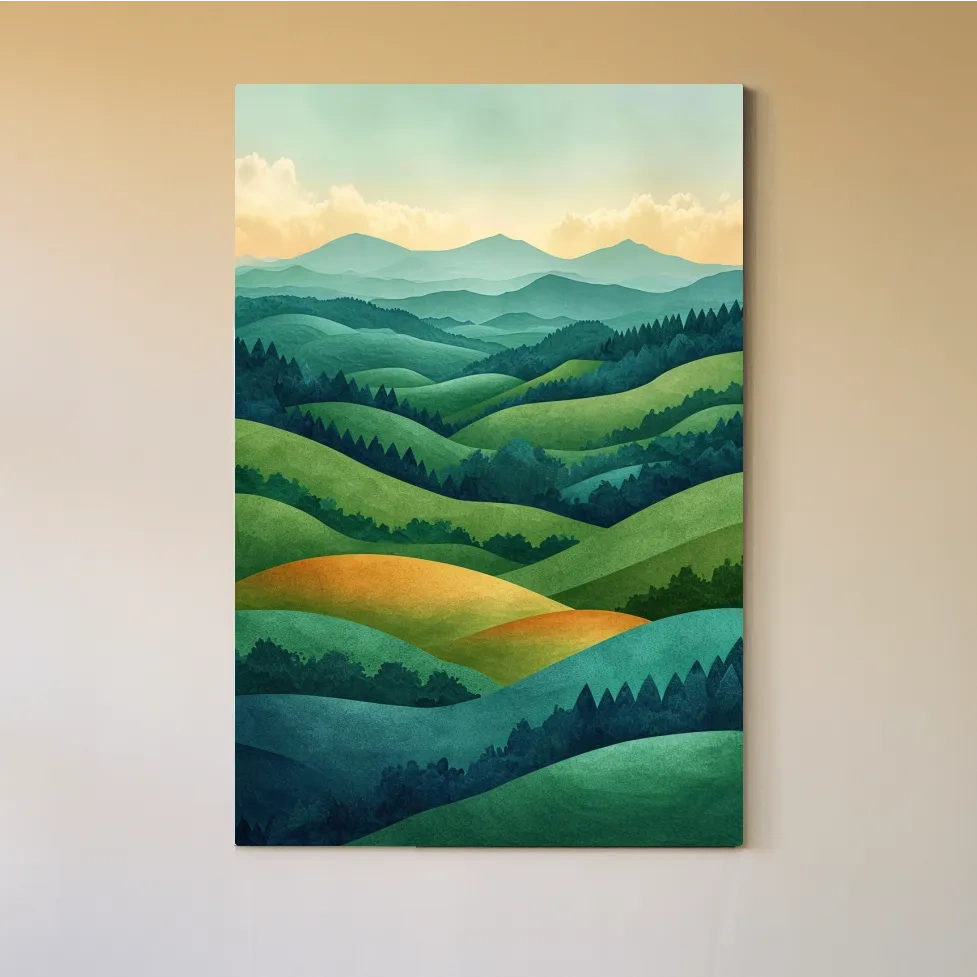 Layered Emerald Rolling Hills Landscape - Serene Scandinavian Nature Wall Art