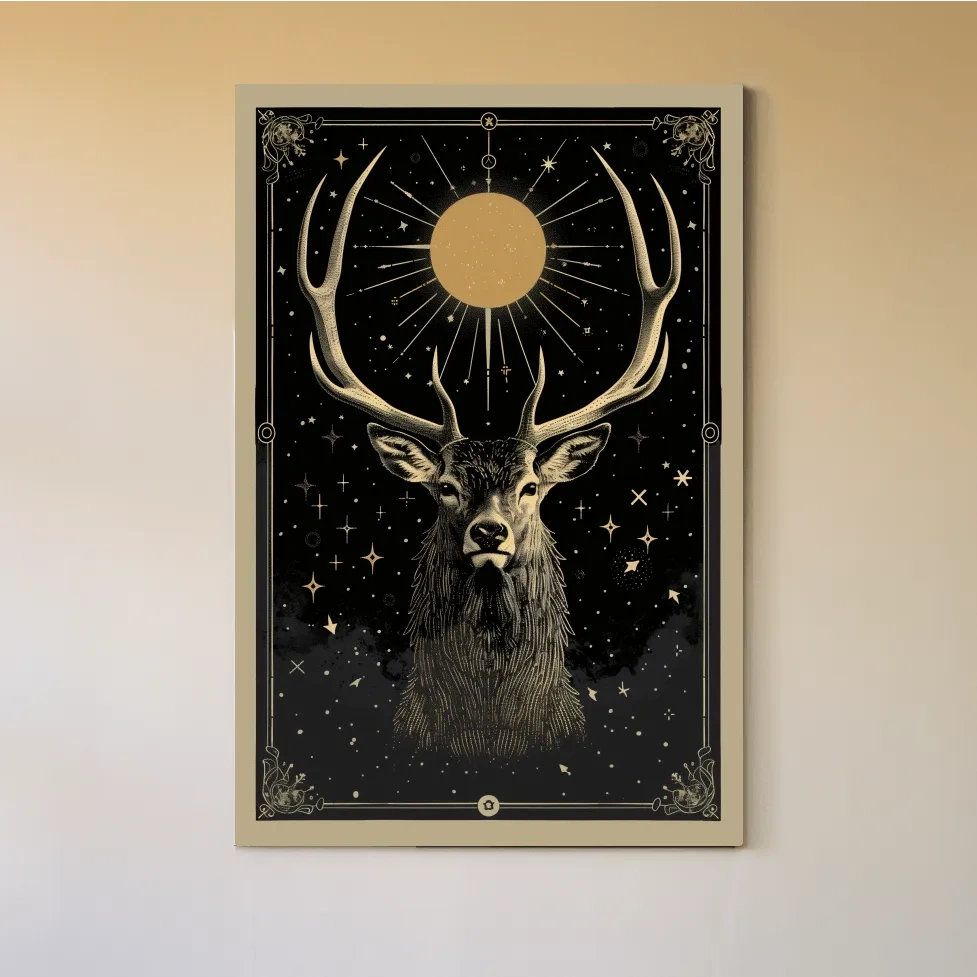 Elegant deer head under the night sky, tarot card style art