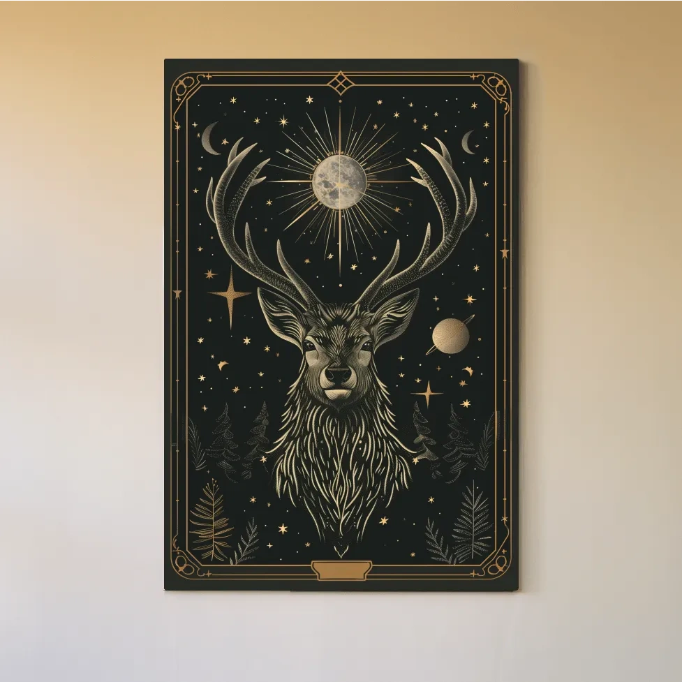 Elegant deer head tarot card style art, planetary solar system