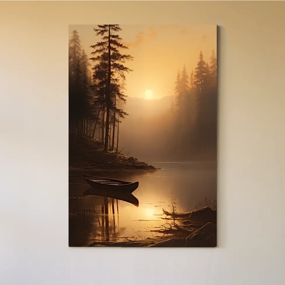 Sunset painting of a canoe on a lake at golden hour
