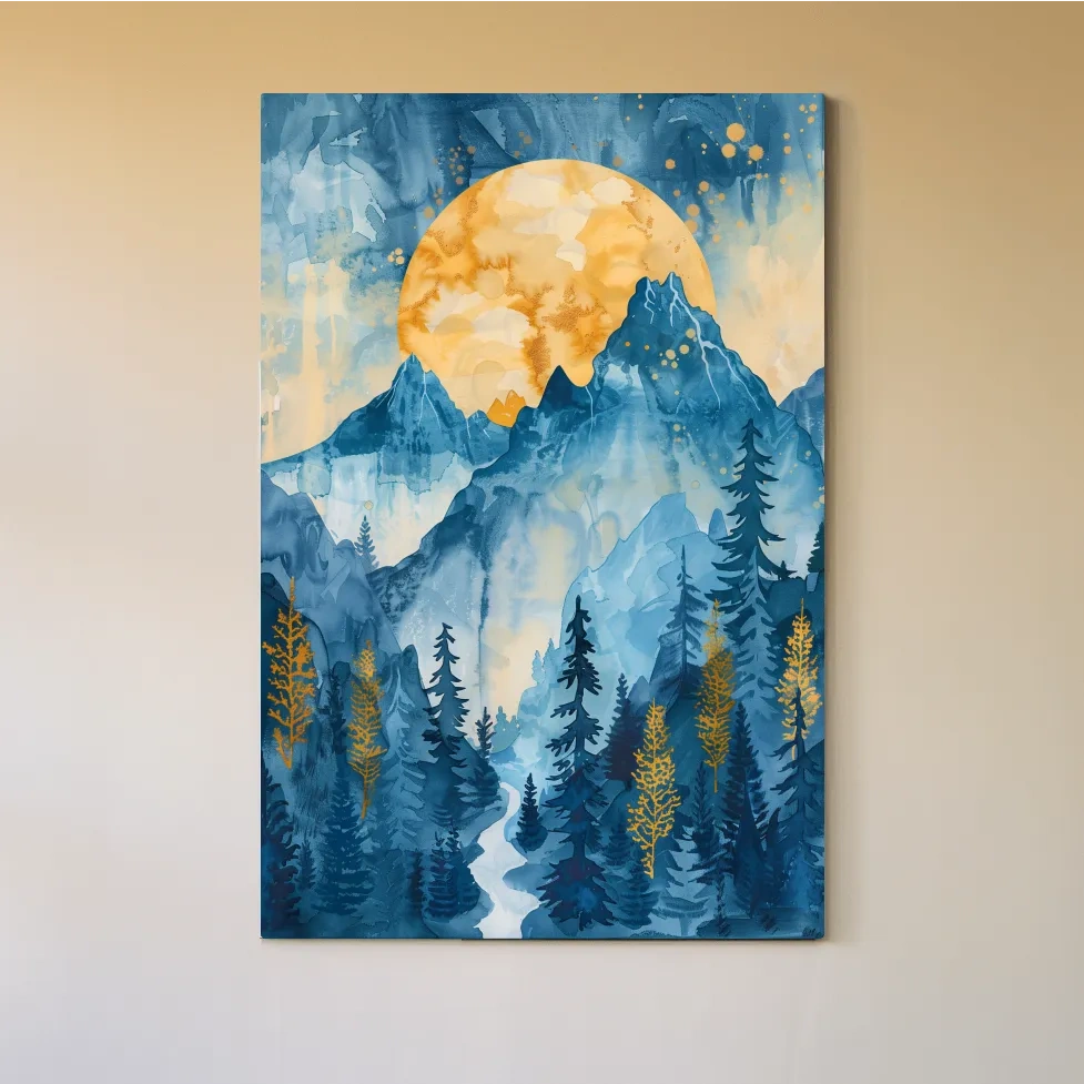 Alpine Sunset Watercolor Painting - Mountain Forest Landscape Wall Art