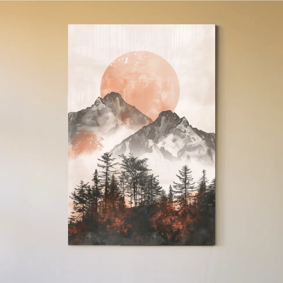 Japandi Mountain Sunrise With Pine Forest - Minimalist Watercolor Landscape Art