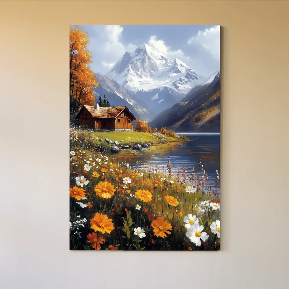 Impressionist painting of a lakeside cabin in the alpine meadows beneath a glacier
