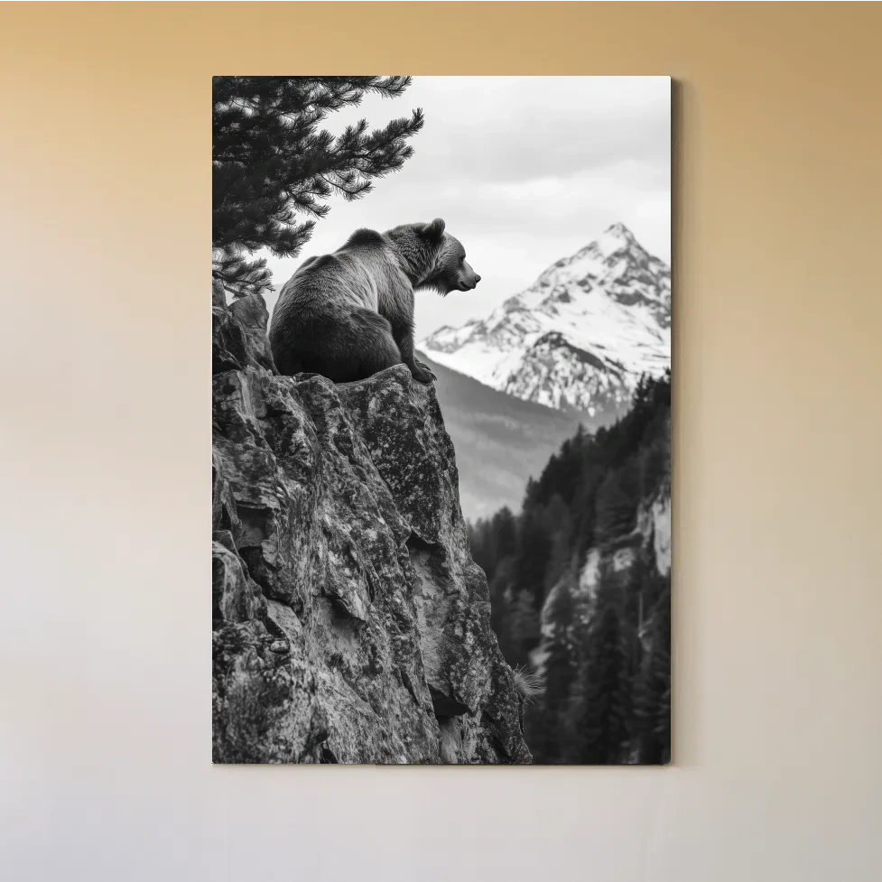 Grizzly bear taking in a mountain view, photographic wildlife wall art