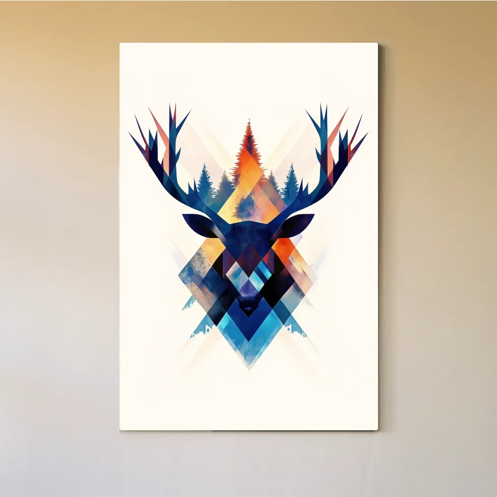 Geometric deer head wall art, colorful abstract tribal style artwork