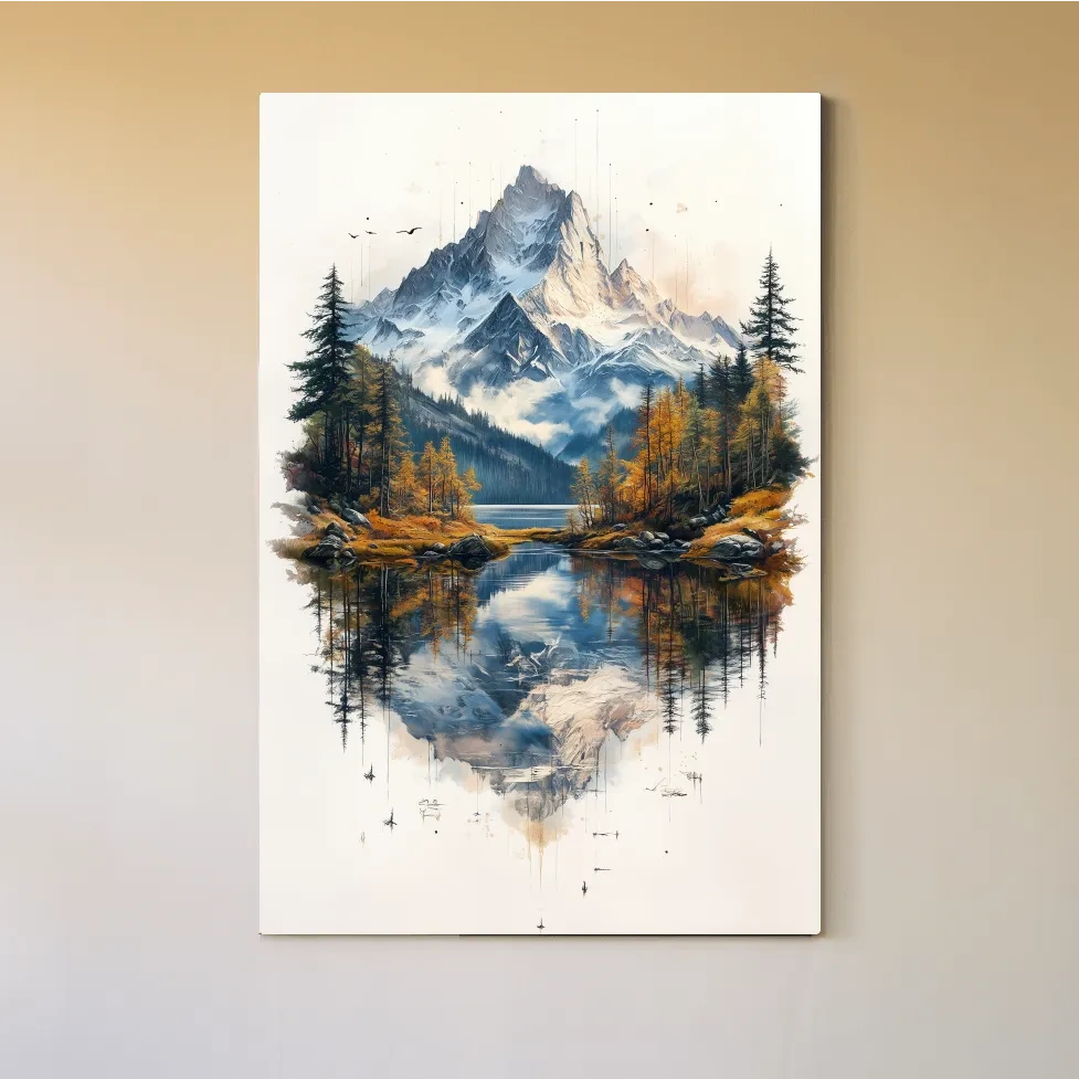 Misty Alpine Mountain Lake Painting - Autumn Pine Forest Tattoo Style Wall Art