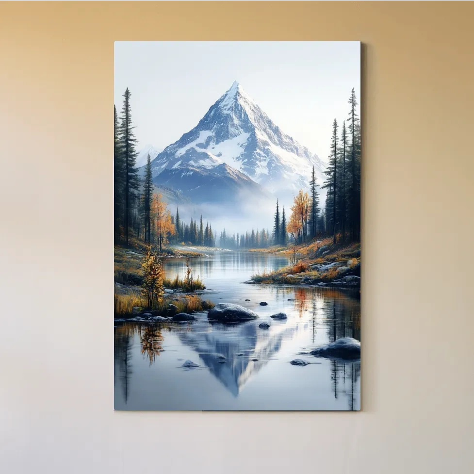 Lake beneath a glacier in the alpine meadows in fall, mountain wall art