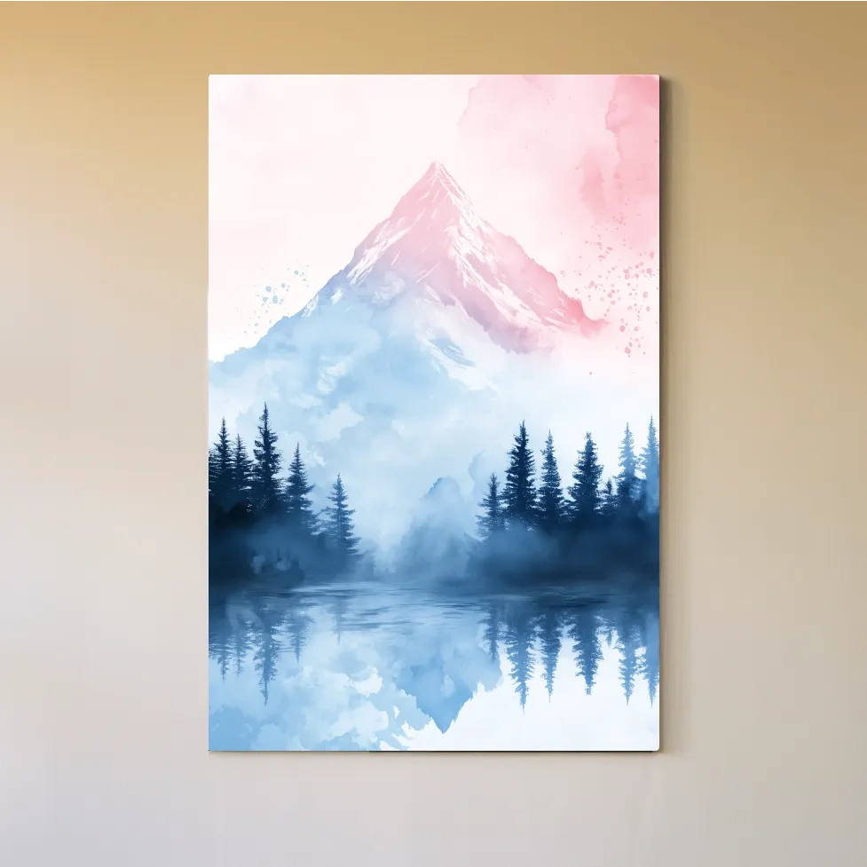 Dreamy Watercolor Alpine Lake Reflection - Pastel Forest Wall Art