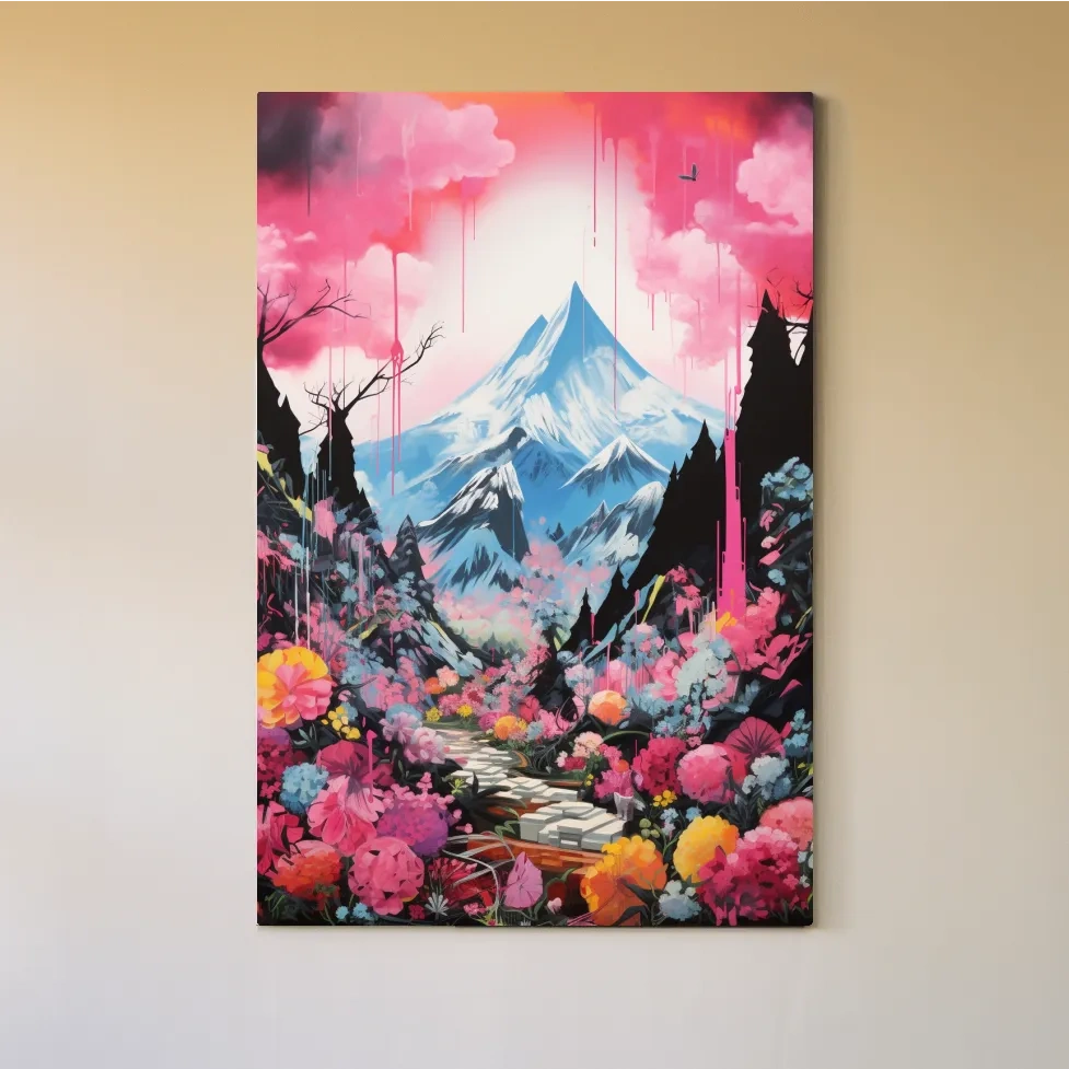 Energetic illustration of pink alpine flowers by a glacier