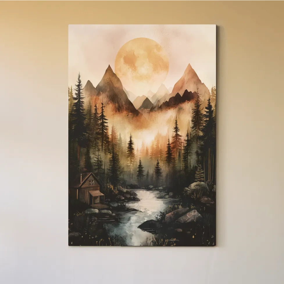 Alpine lake cabin painting, rustic watercolor effect, forest and mountains