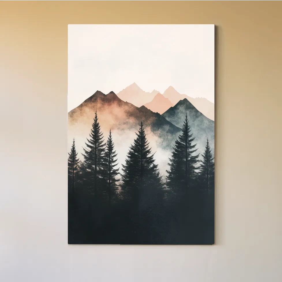 Foggy alpine forest watercolor painting, mountain art