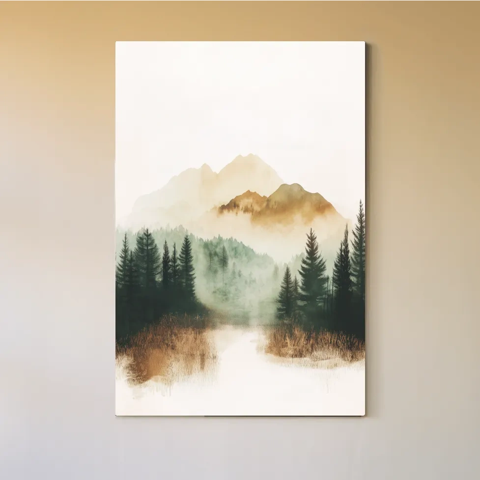 Foggy alpine forest painting, minimal watercolor wall art