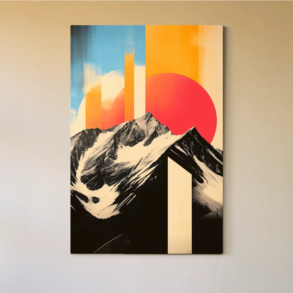 Retro Snowcapped Mountain Sunset Collage - Modern Geometric Landscape Wall Art