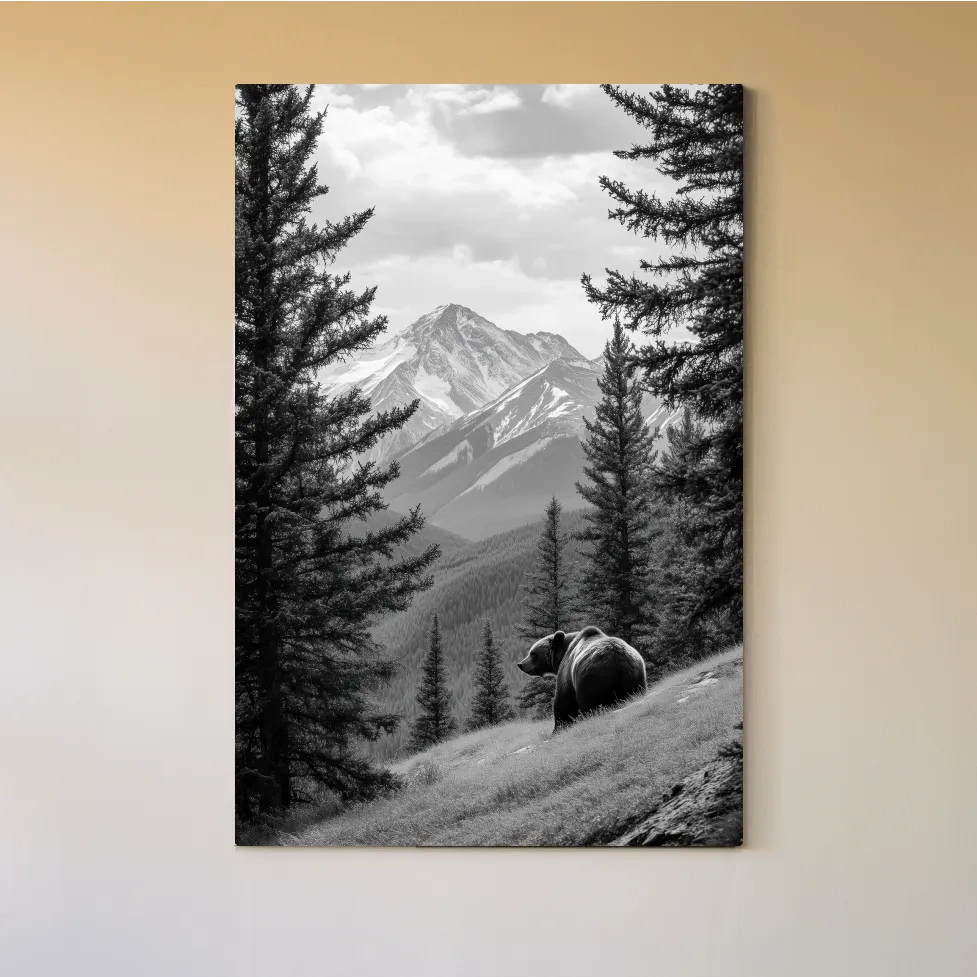 Black And White Grizzly Bear Alpine Meadow - Wilderness Nature Photography Wall Art