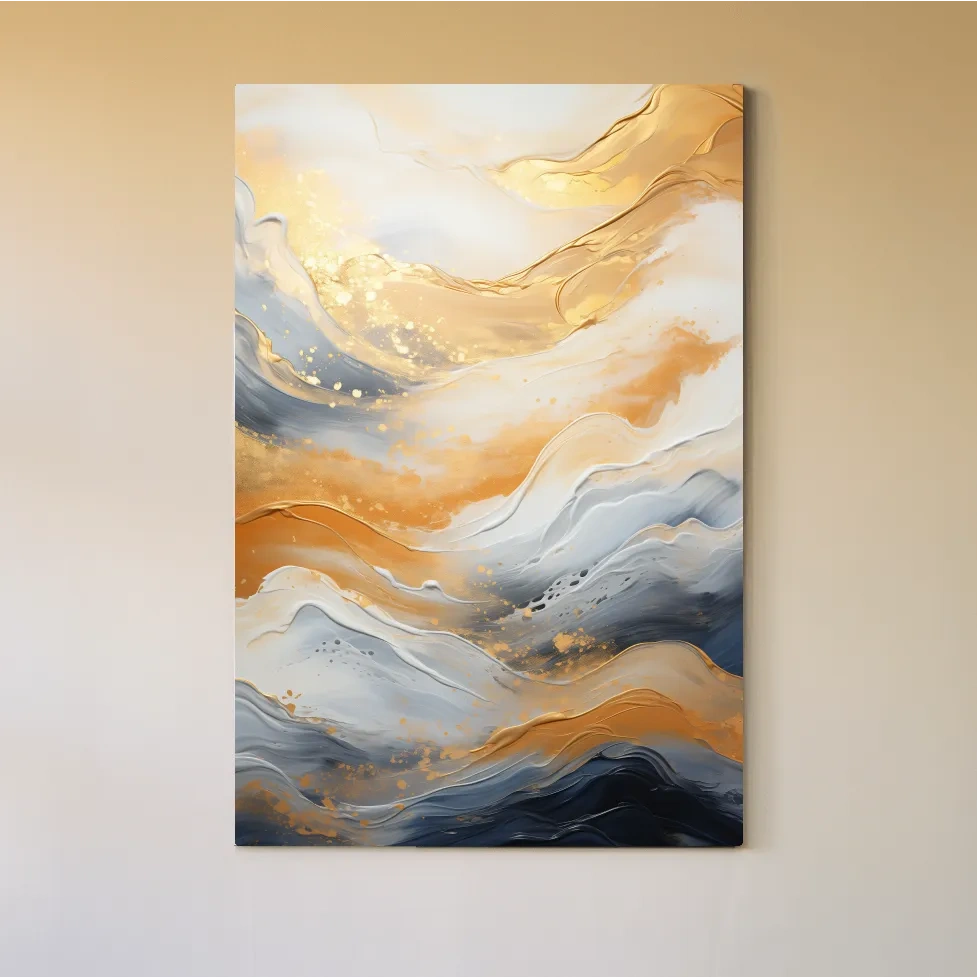 Golden abstract mountain wall artwork, swirling style painting
