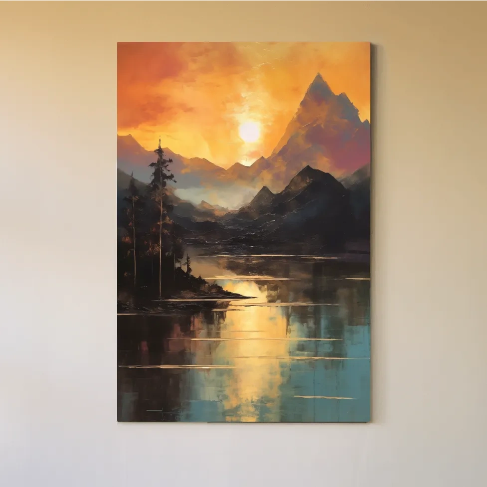 Sunrise mountain lake artwork, oil painting print wall art