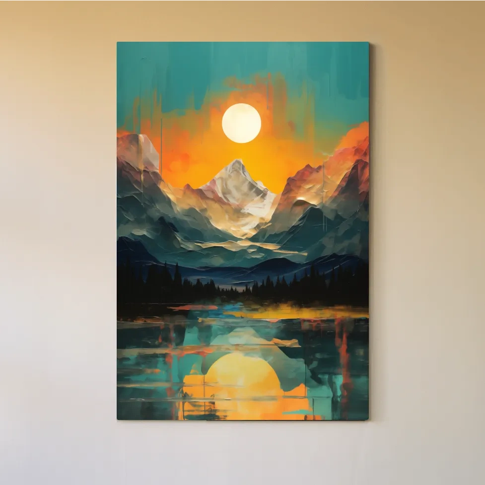Vibrant Abstract Mountain Lake Sunset - Colorful Landscape Wall Art