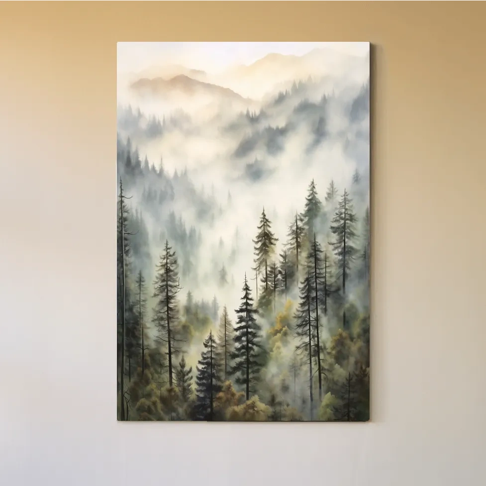 Misty Pine Forest Mountains Watercolor - Serene Foggy Landscape Wall Art