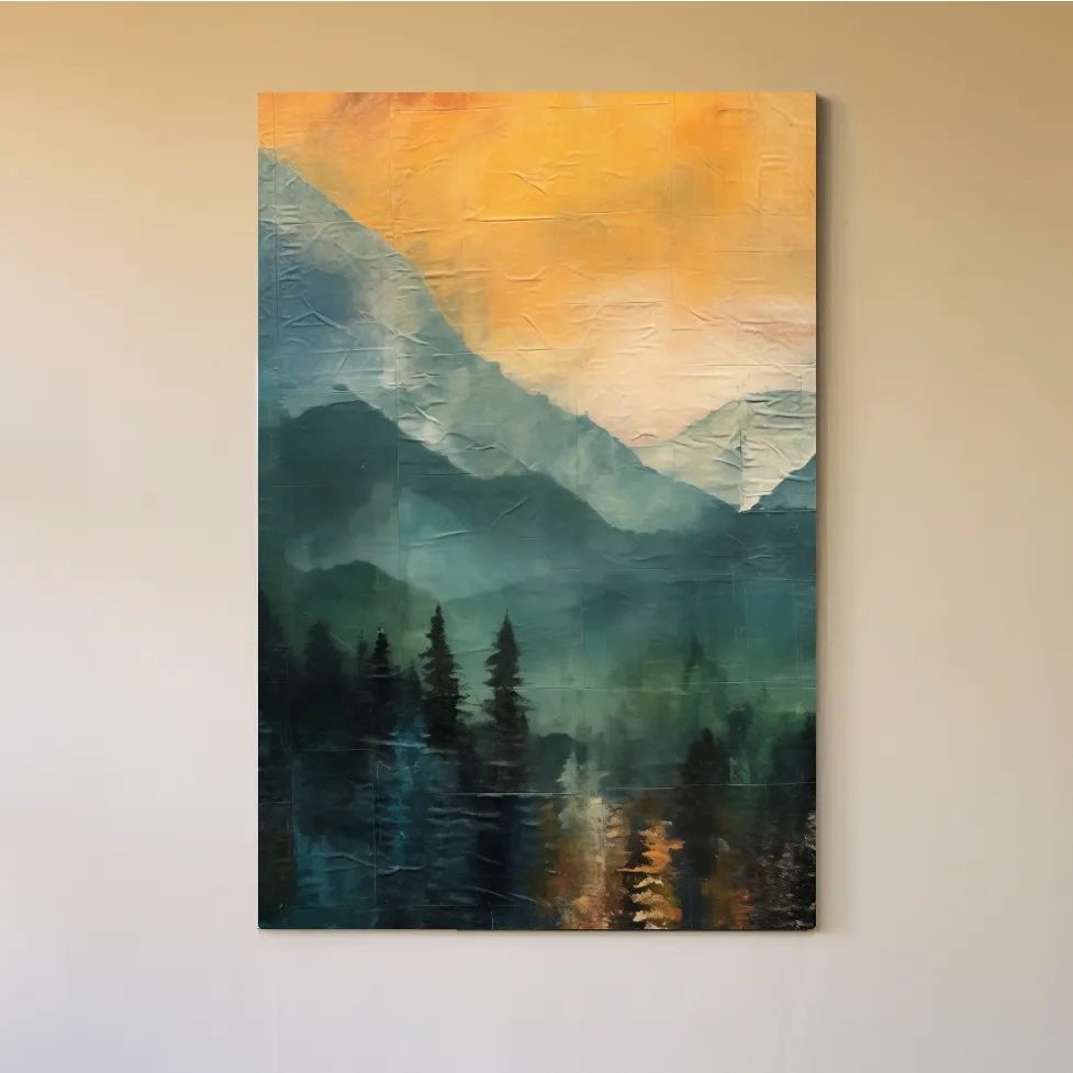 Rustic Misty Mountain Lake Reflection - Textured Watercolor Sunset Wall Art