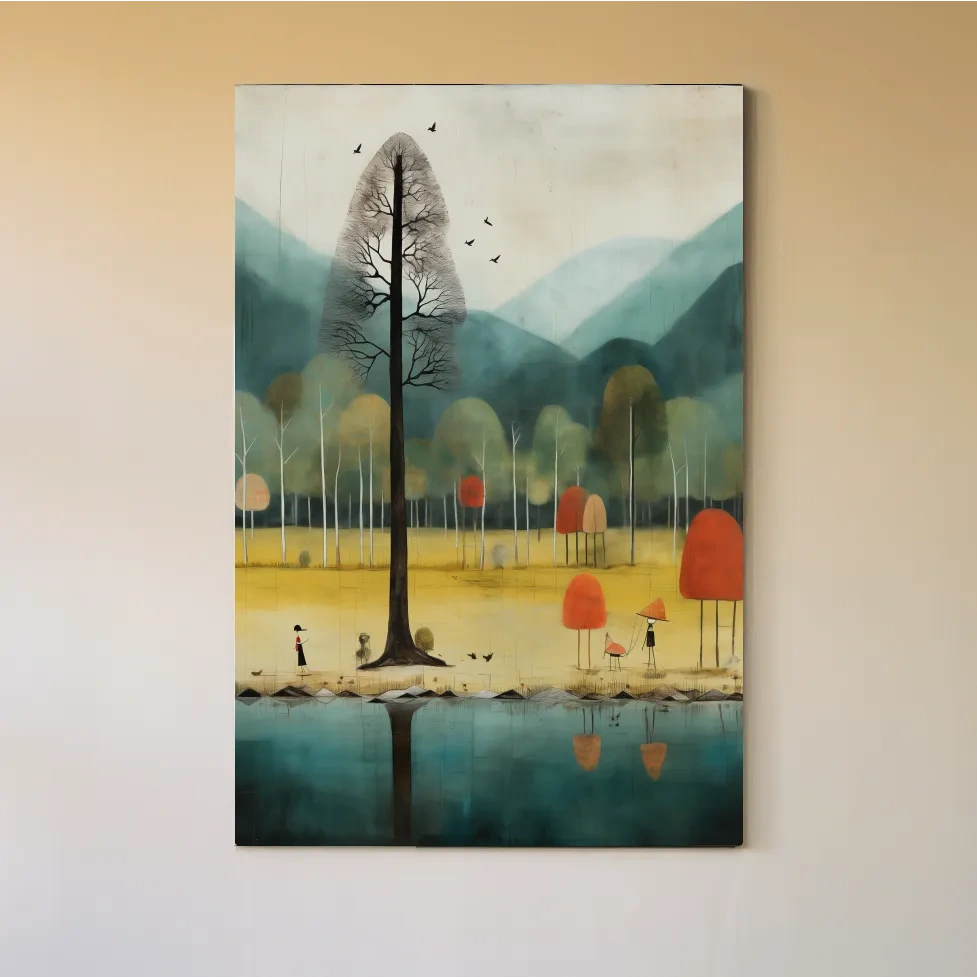 Quirky characters by a lake in fall, textured painting effect, whimsical autumn forest wall art print