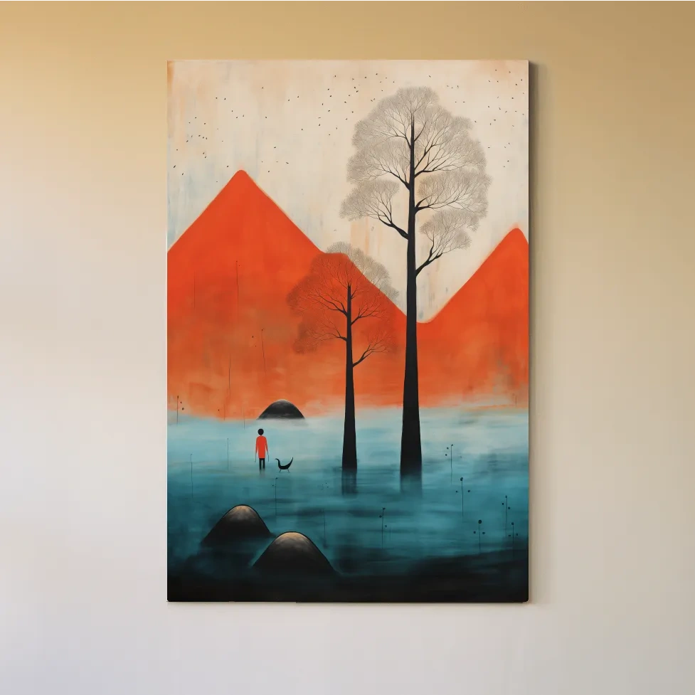 Surreal mountain artwork,rustic textured painting effect, dreamlike landscape wall art