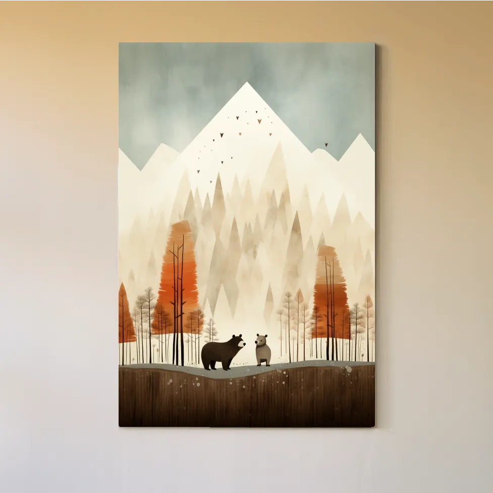 Bears in the forest in autumn, quirky childrens art illustration