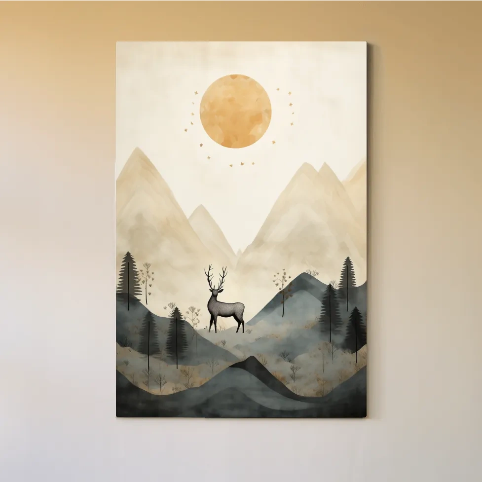 Deer standing in the forest under the night sky, quirky illustration art