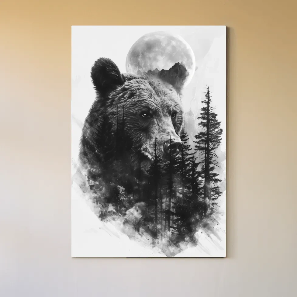 Drawing artwork of a bear, forest and moon, double exposure charcoal drawing style