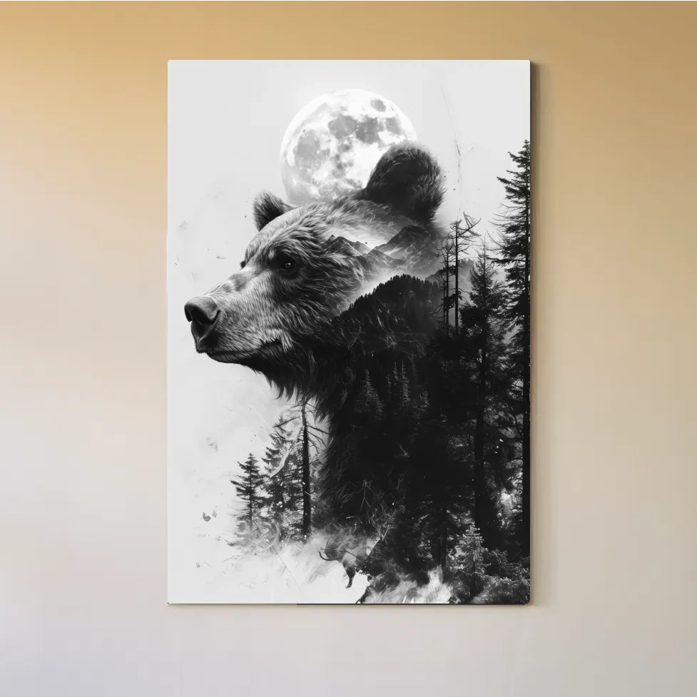 Grizzly Bear Double Exposure Drawing - Moonlit Pine Forest Wildlife Wall Art