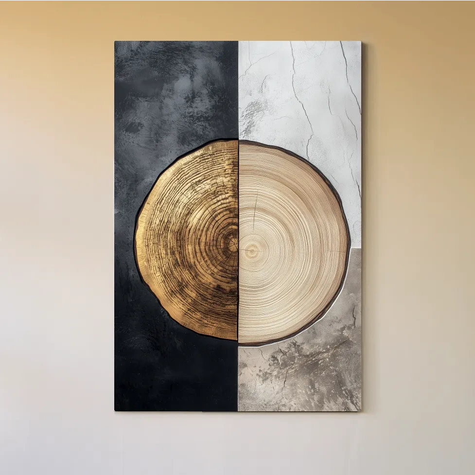 Rustic bohemian style tree ring artwork, split texture wood wall art