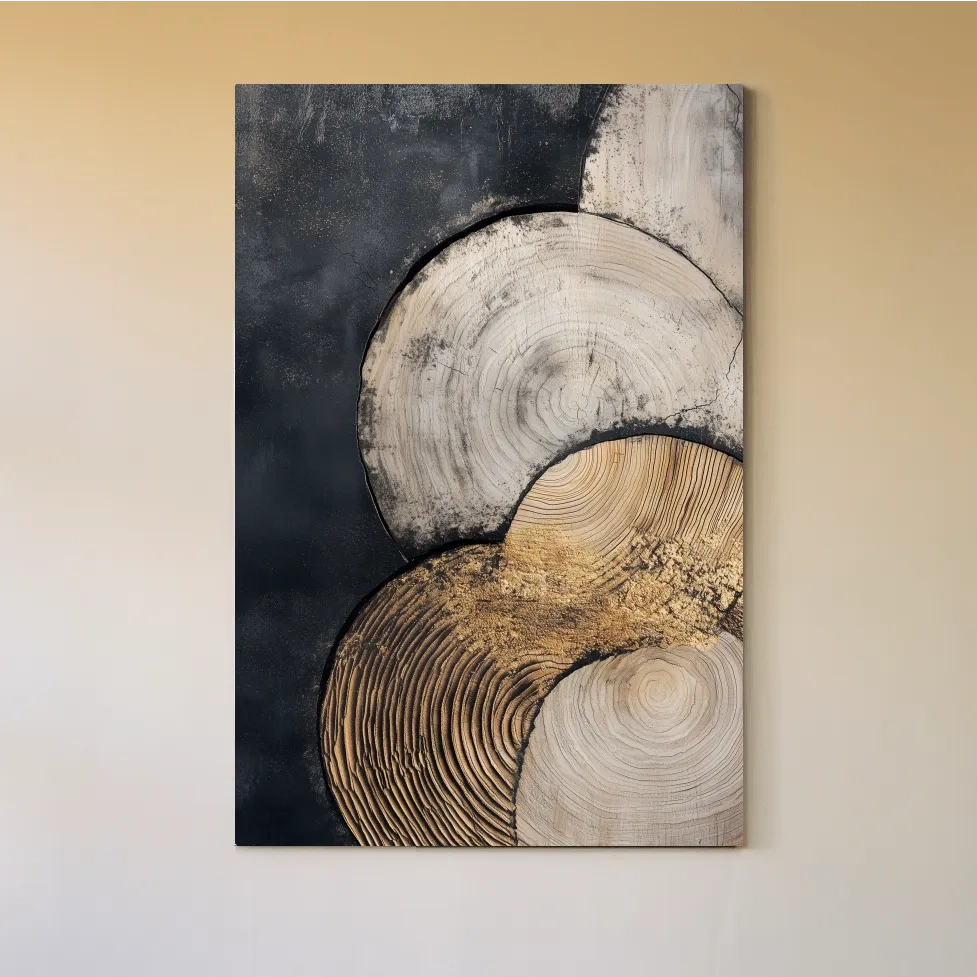 Boho tree ring pattern wall art, textured wood cross-section artwork
