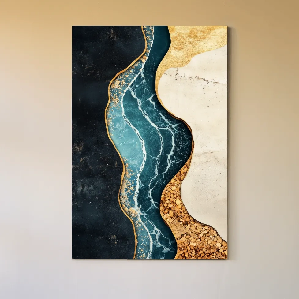 Fluid elegant artwork, blue marble river flowing through textured earth tones