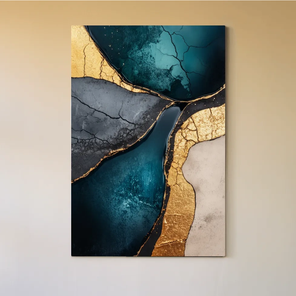 Teal Gold Geode Resin Abstract - Elegant Metallic Marble Wall Art