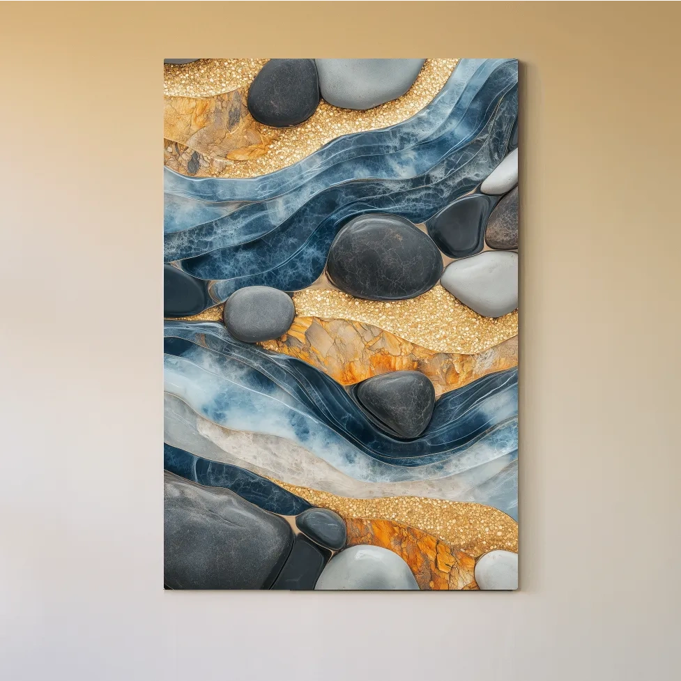 Abstract Blue River Stone Mosaic - Modern Pebble Texture Wall Art