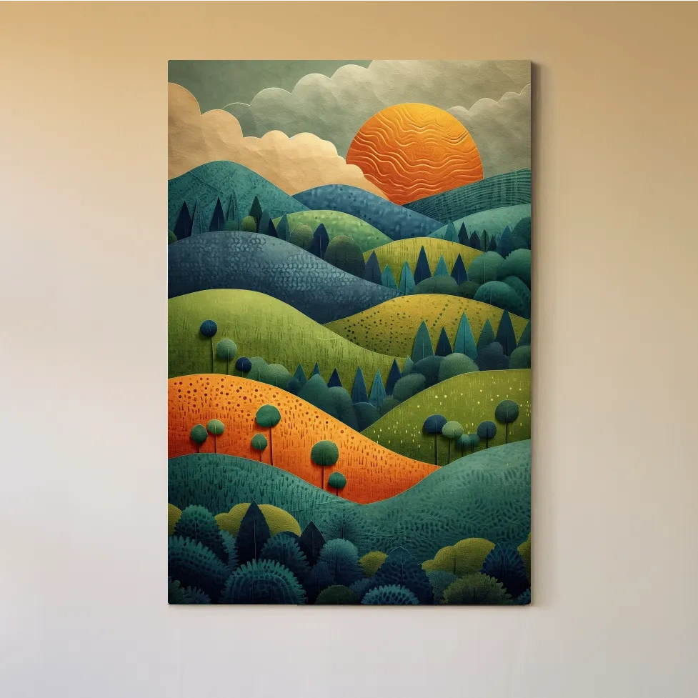 Layered Mountain Sunset Landscape - Mid Century Modern Forest Wall Art