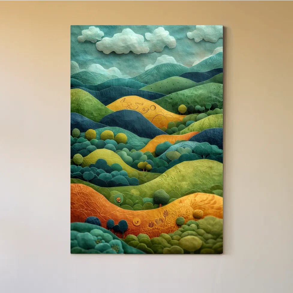 Abstract surreal mountain scene artwork, whimsical landscape in 3D layered style