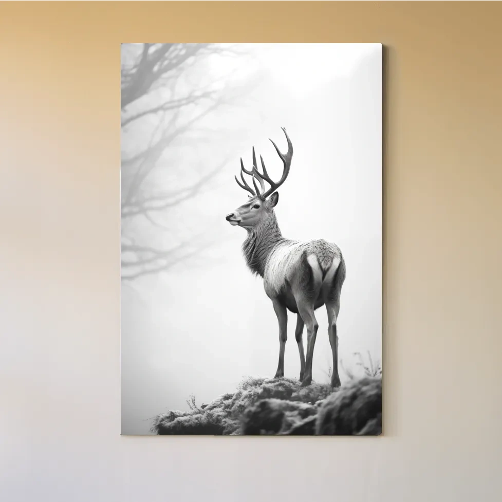 Black and white photograph of a majestic deer on a winter morning, serene wildlife artwork