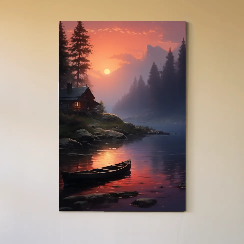 Beautiful painting of a cabin on a misty lake at sunset