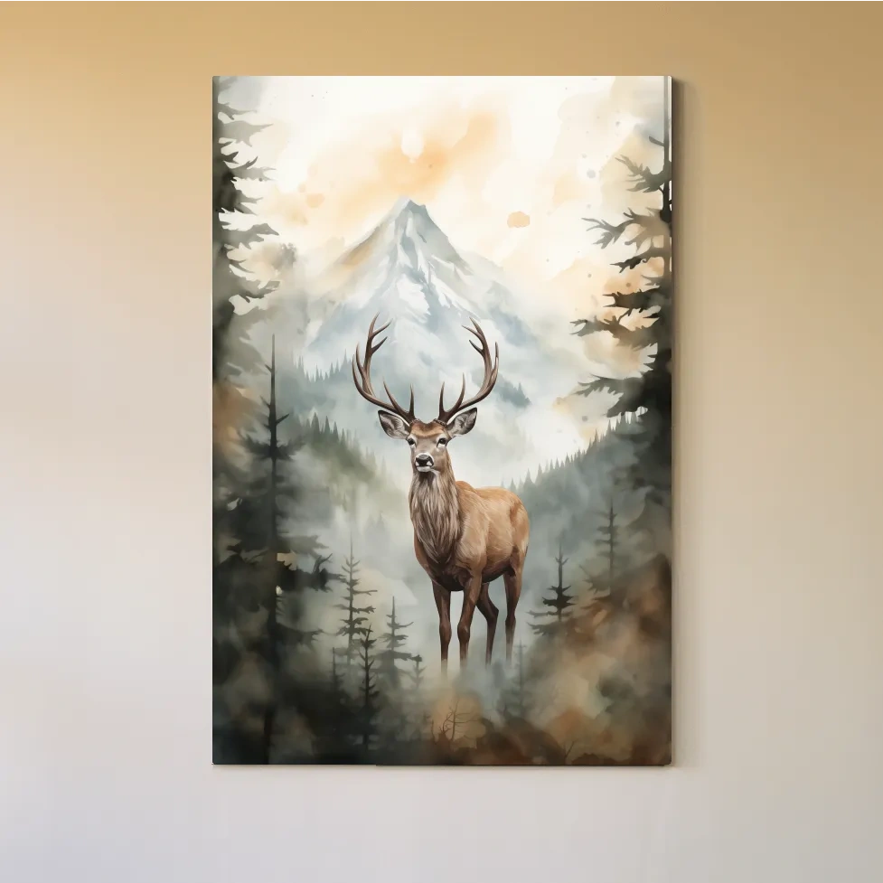 Watercolour painting of a deer standing in a misty forest