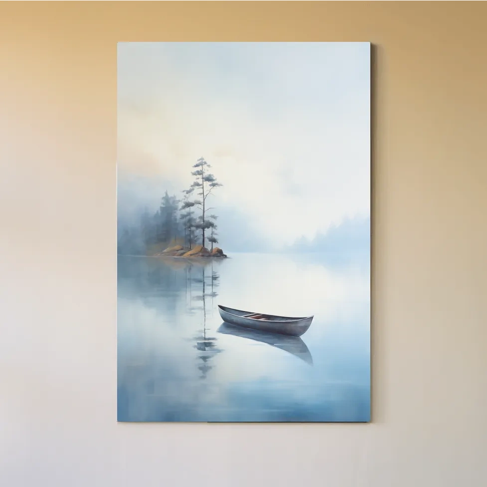 Watercolor painting, canoe on a misty lake, serene wall artwork