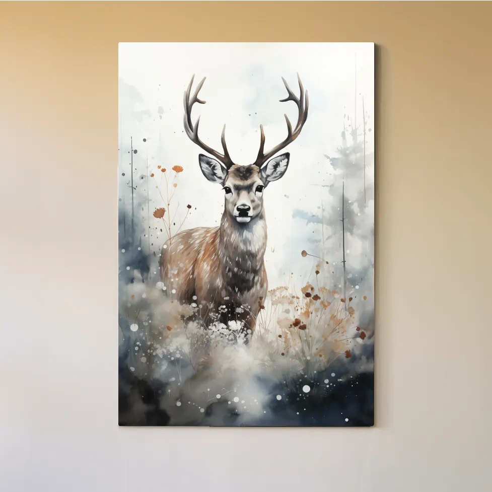 Rough textured watercolour painting of a deer buck standing in the forest