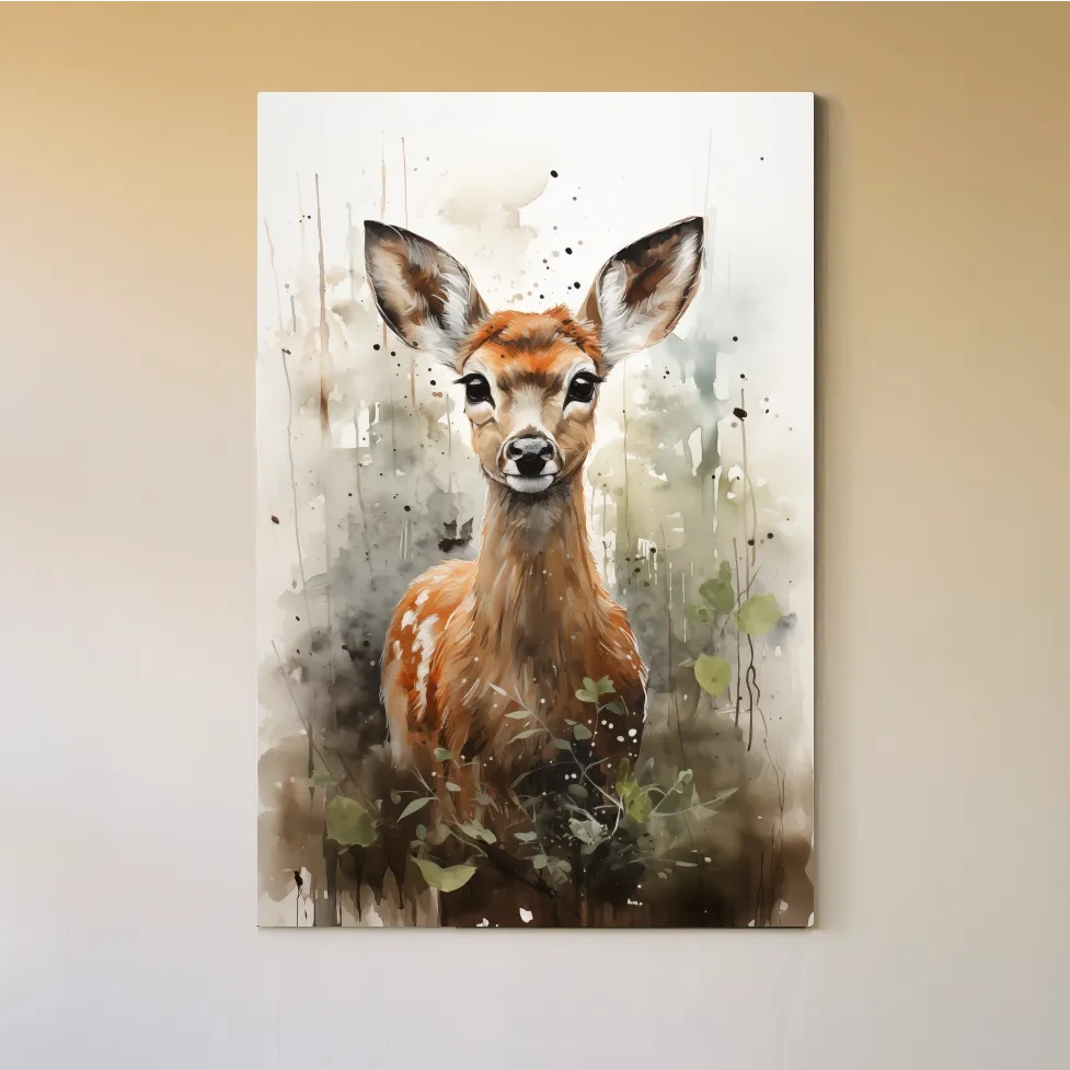 Watercolor fawn wall art, delicate forest setting artwork