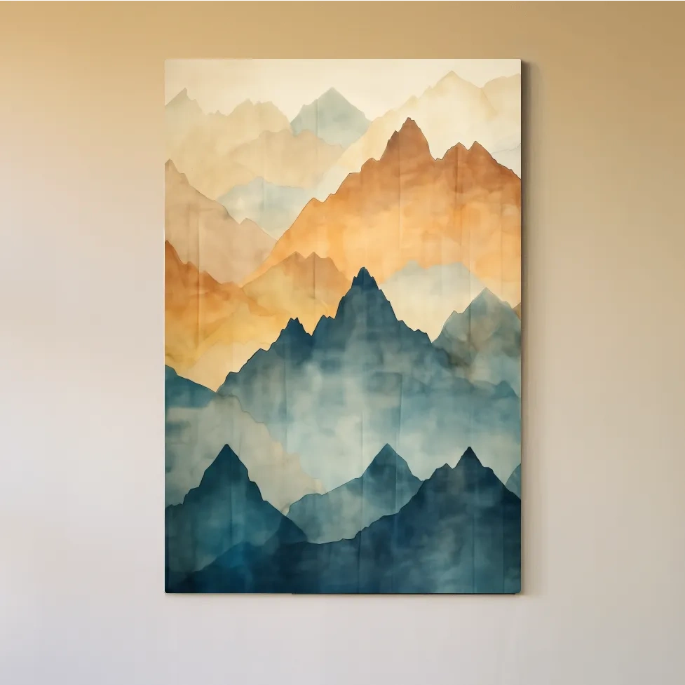 Textured effect watercolour painting of mountain ridgelines in the fog