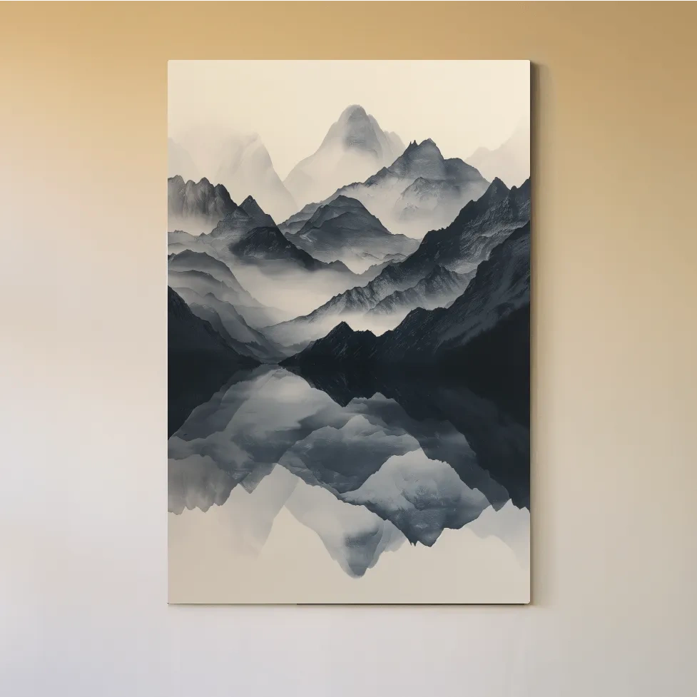 Japandi style mountain artwork, reflective mountain ranges