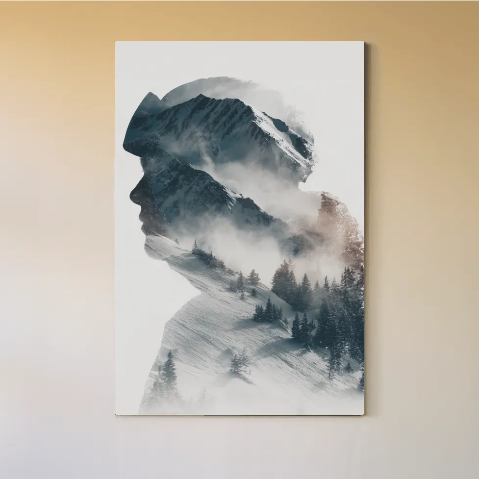 Surreal Double Exposure Skier & Mountain Portrait - Moody Misty Alpine Forest Wall Art