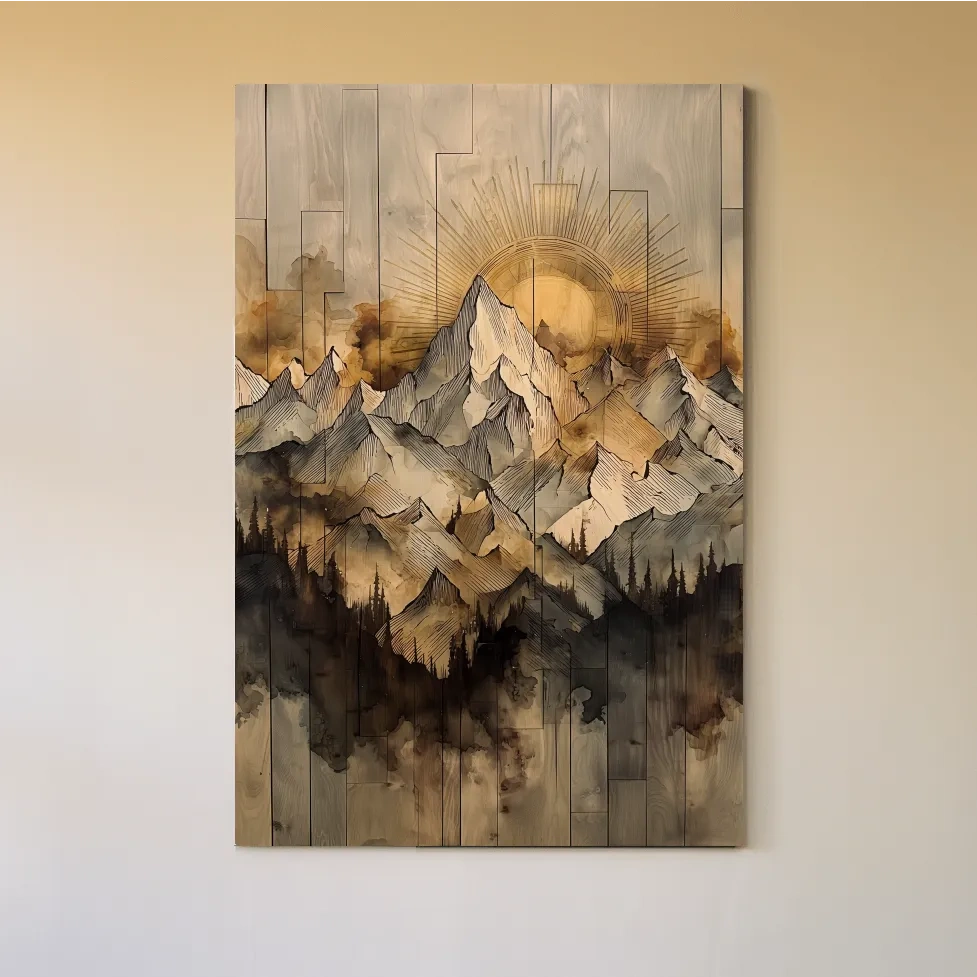 Sunrise Alpine Mountain Range Illustration - Rustic Watercolor Landscape Wall Art